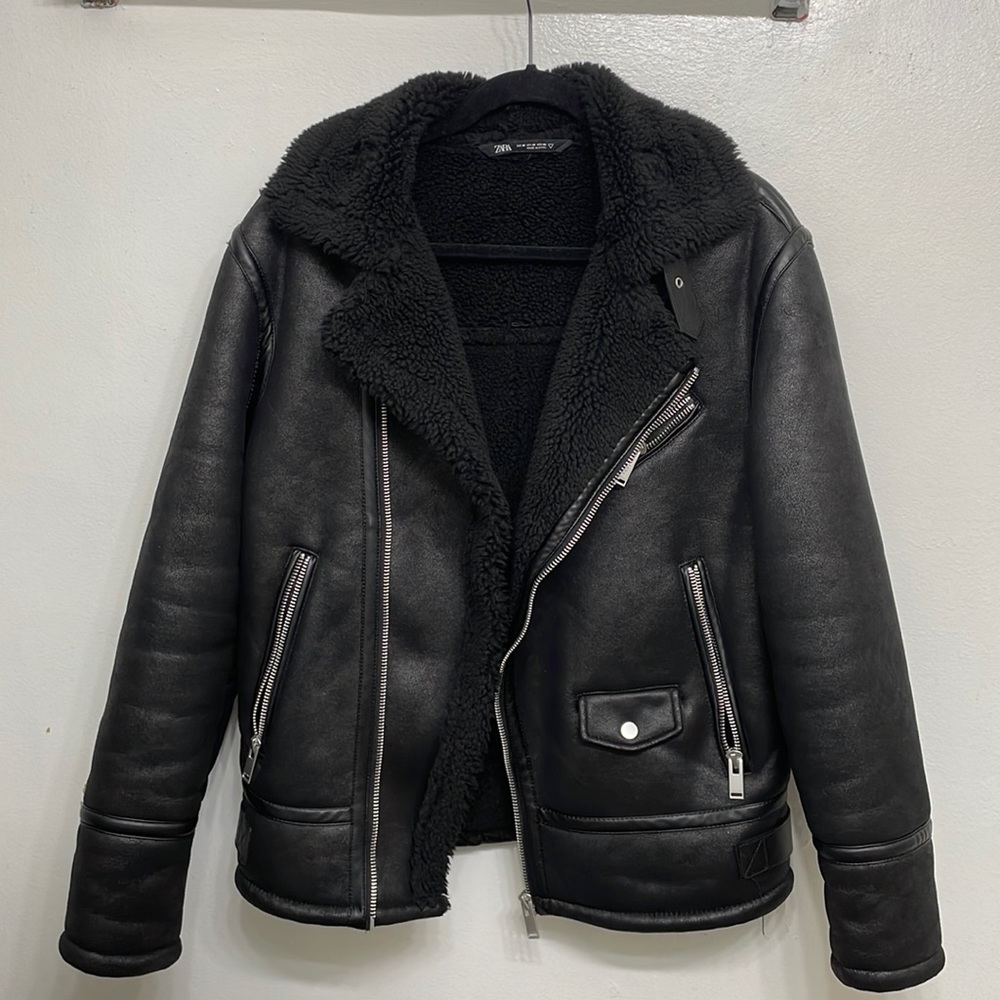 ZARA Mens Aviator Shearling Jacket Black Medium